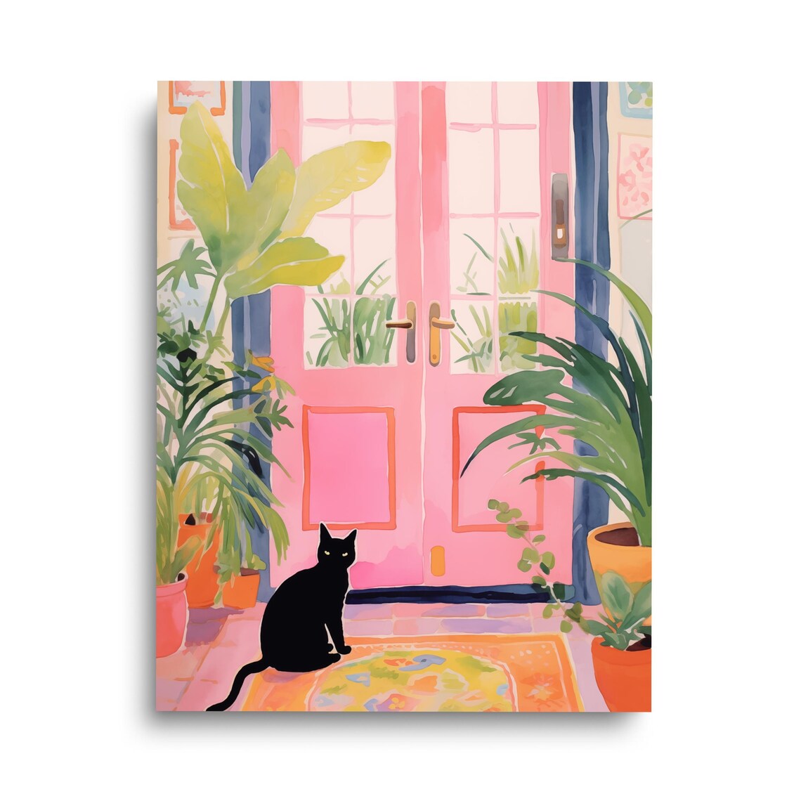 Black Cat Pink Door Retro Living Room Art Print