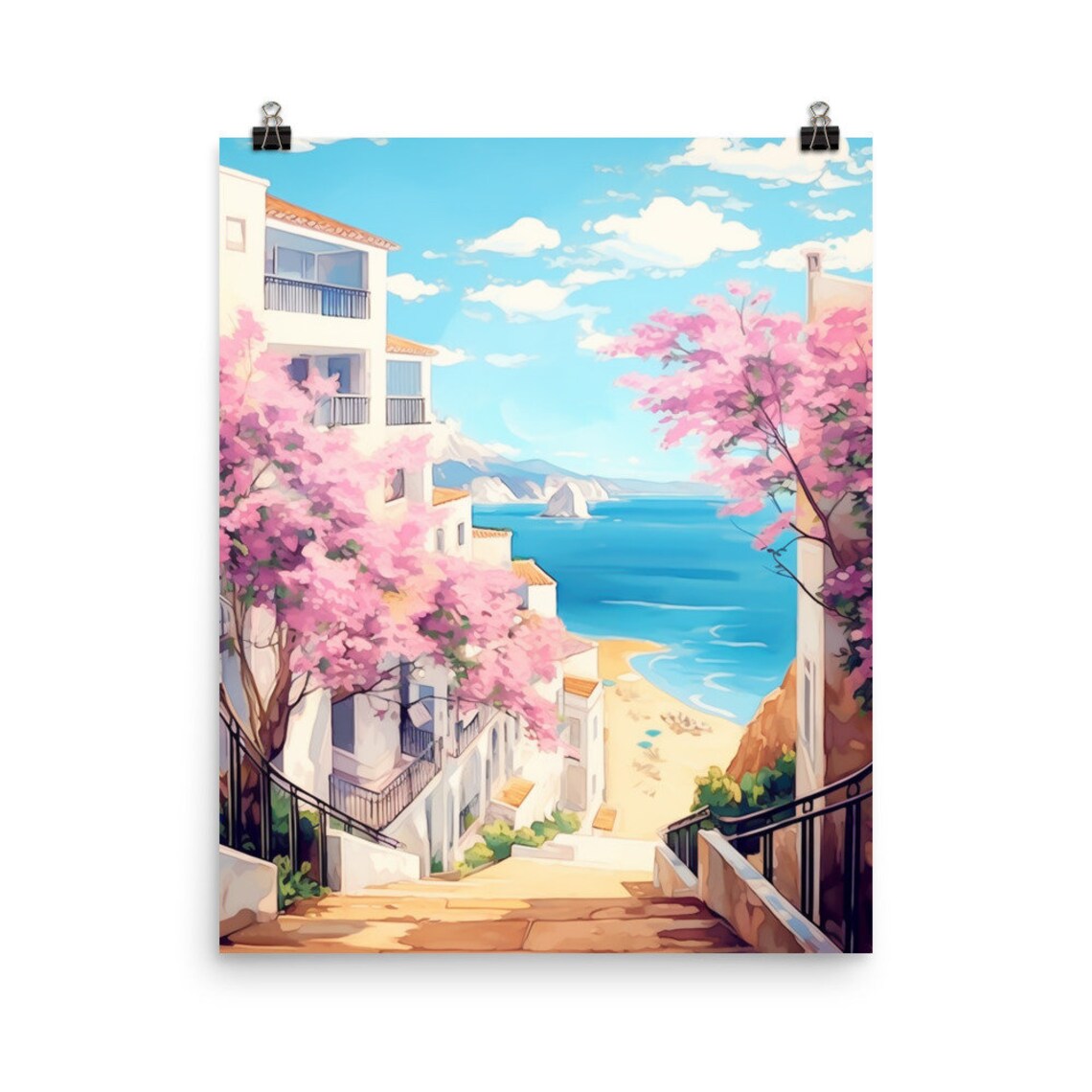 Albufeira Stairs Down to the Beach with Blossom Trees Poster