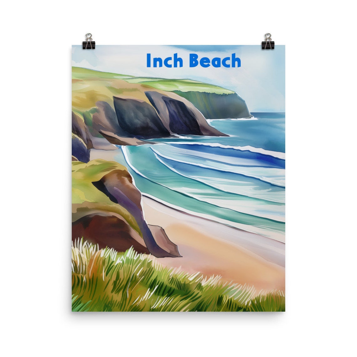 Inch Beach Dramatic Cliffs and Golden Sand Watercolor Travel Poster