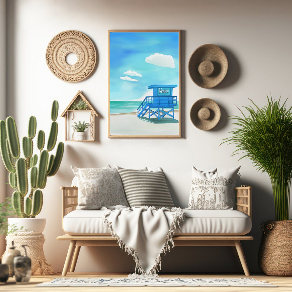 Venice Blue Lifeguard Tower White Sand Beach Watercolor Poster - Image 2