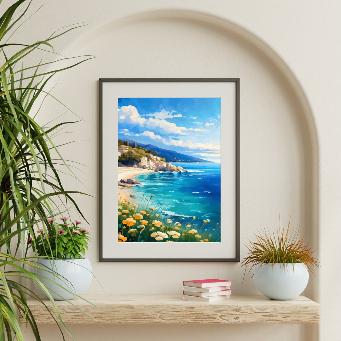 Thassos Turquoise Bay with Yellow Wildflowers Watercolor Poster - Image 3