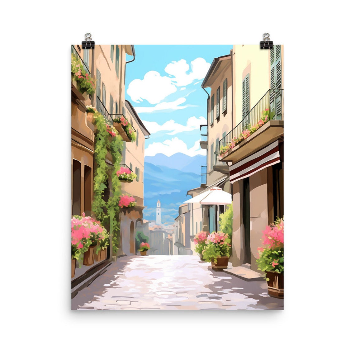 Milan Flower Filled Street with Distant Alps Watercolor Poster