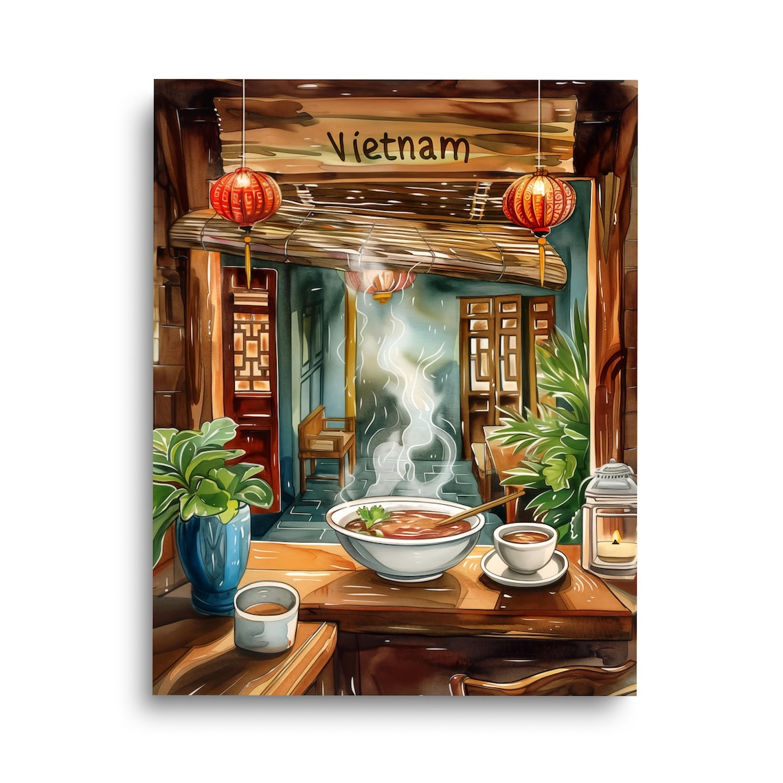 Steaming Pho Bowl In A Rustic Vietnamese Kitchen Watercolor Poster