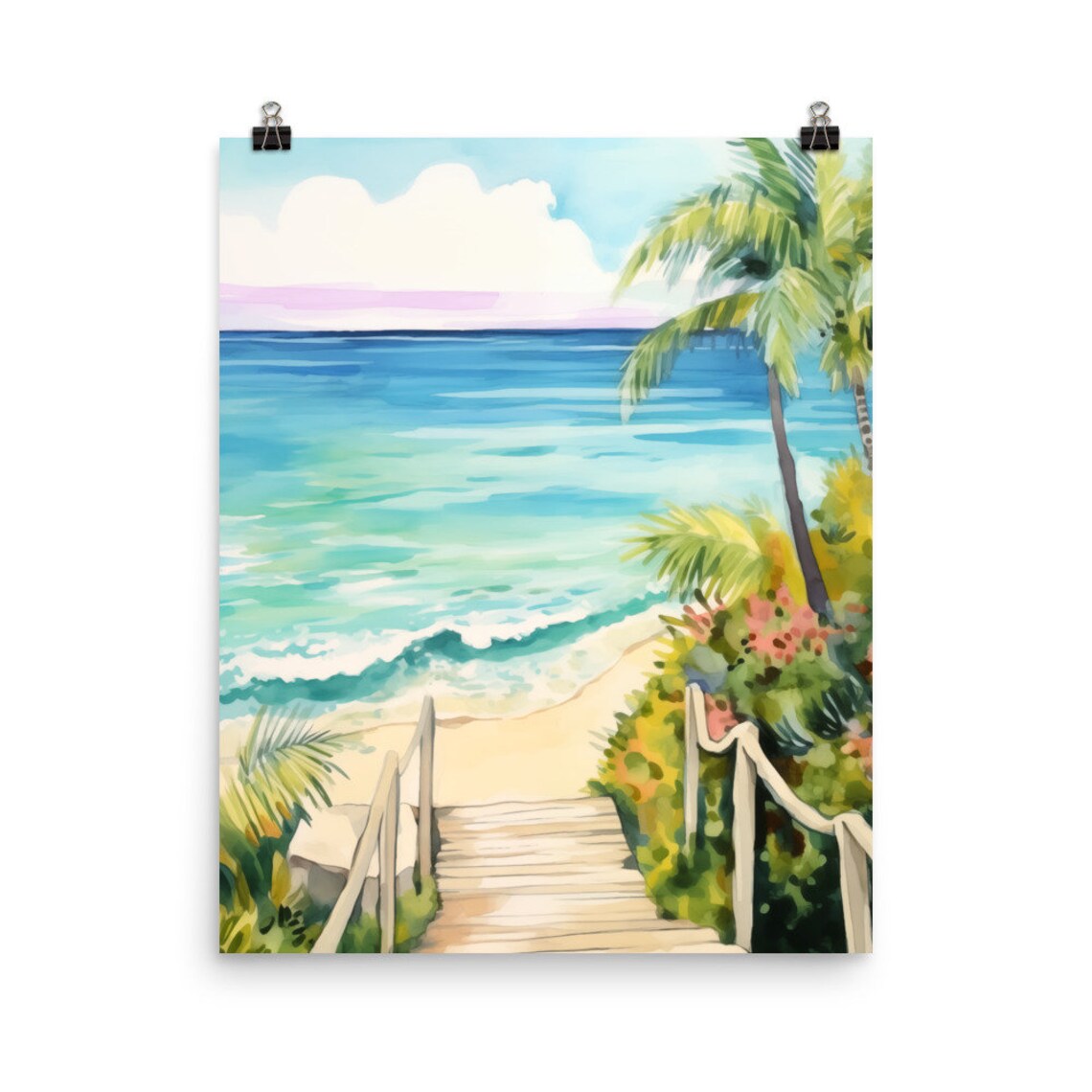 Wooden Steps to Turquoise Beach Palm Framed Watercolor Poster