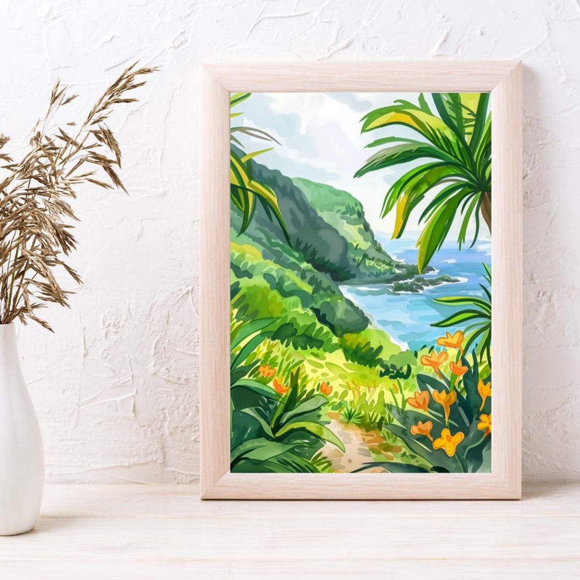 Madeira Tropical Coast with Palms and Cliffs Watercolor Poster - Image 3