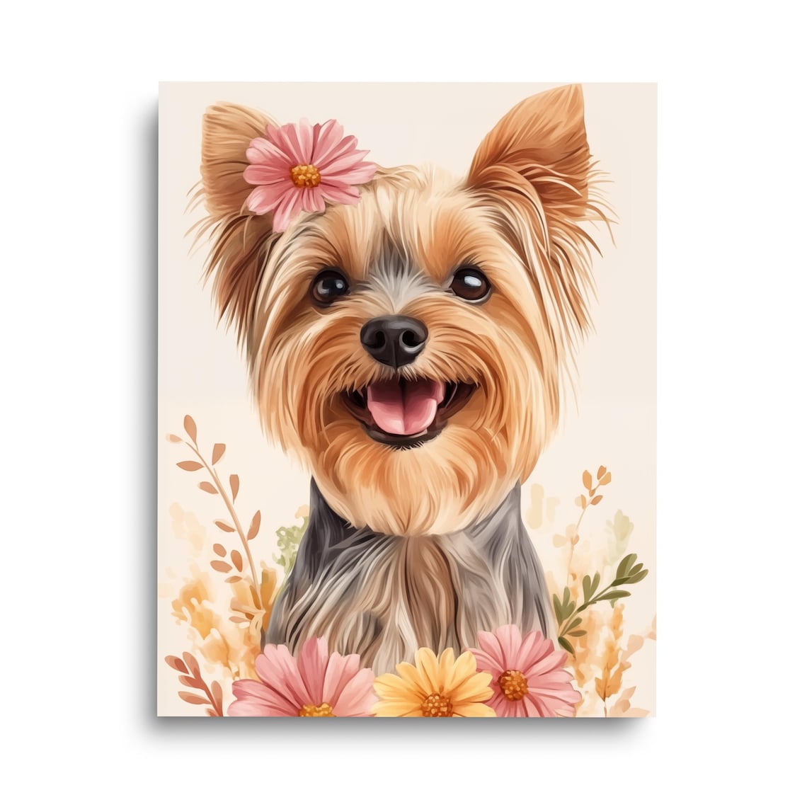 Yorkshire Terrier Watercolor Art Print, Floral Dog