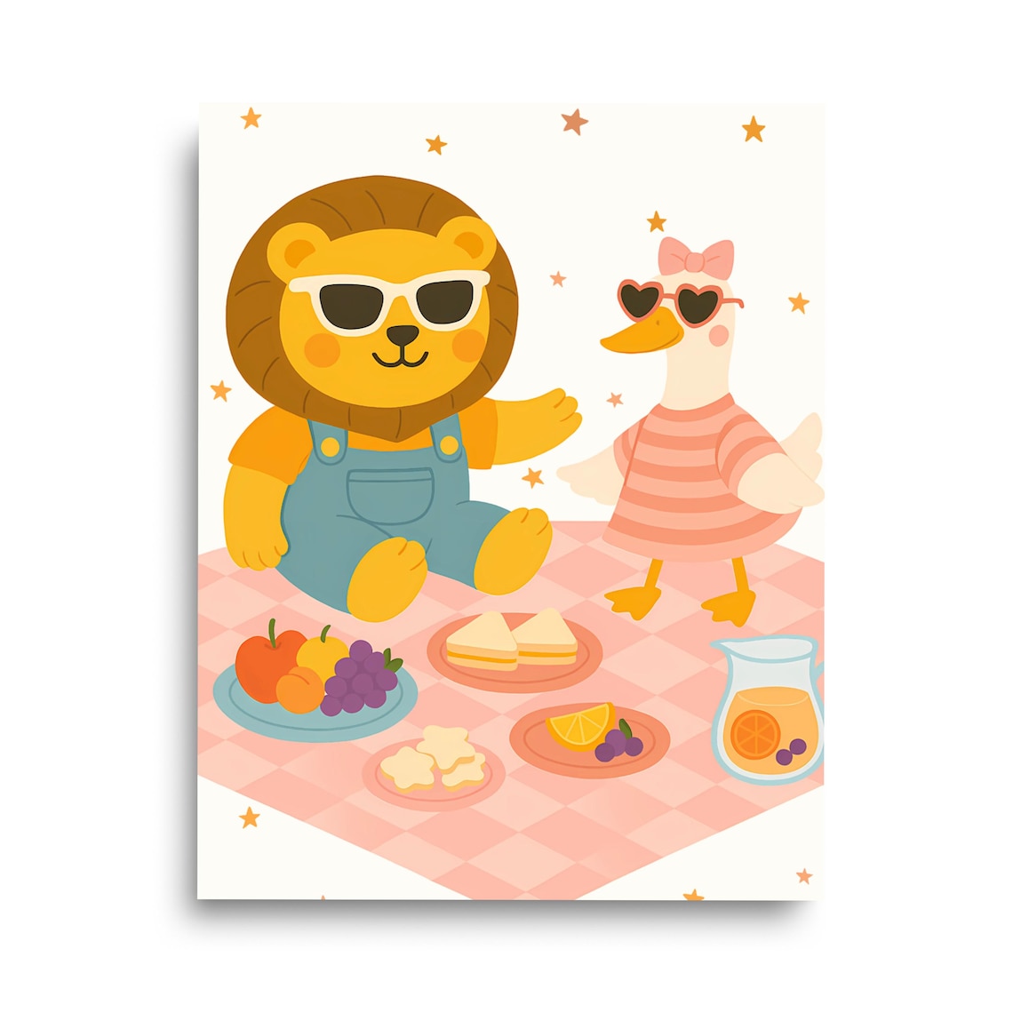 Cute Lion And Duck Having A Summer Picnic Cartoon Nursery Wall Art