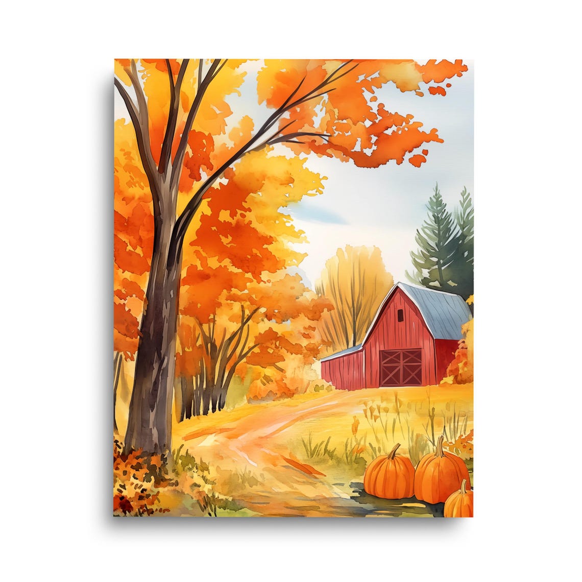 Autumn Pumpkin Farm Red Barn Fall Foliage Watercolor Art Poster