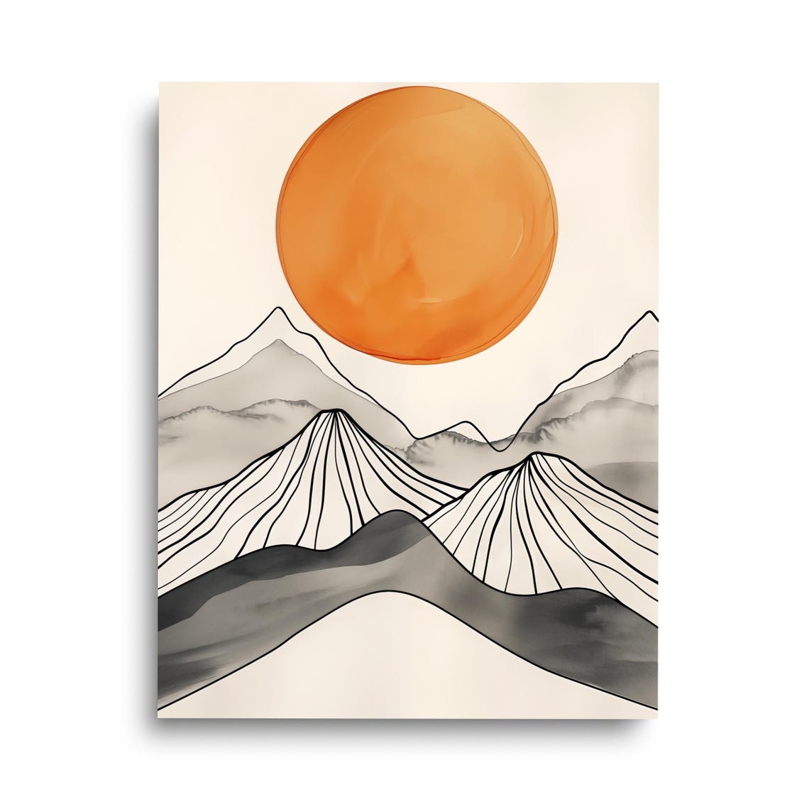 Sunset Valley Orange Sun Minimalist Mountain Line Art Poster