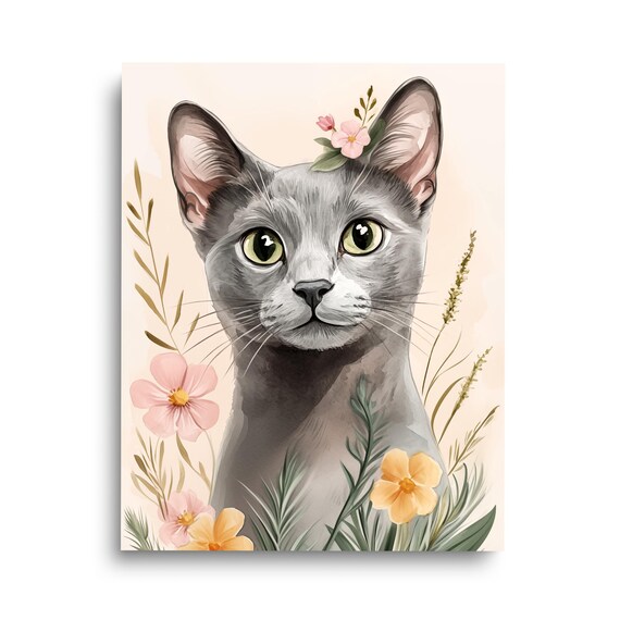 Russian Blue Cat Green Eyes Floral Watercolor Kitten Portrait Print