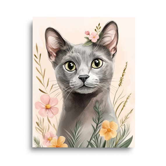 Russian Blue Watercolor Print Cat Wall Art Kitten Artwork Cute Floral Kitty Pet Nursery Home Decor Feline Poster Lover Gift