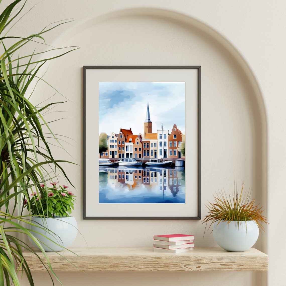 Rotterdam Historic Canal Houses with Reflections Watercolor Poster - Image 3