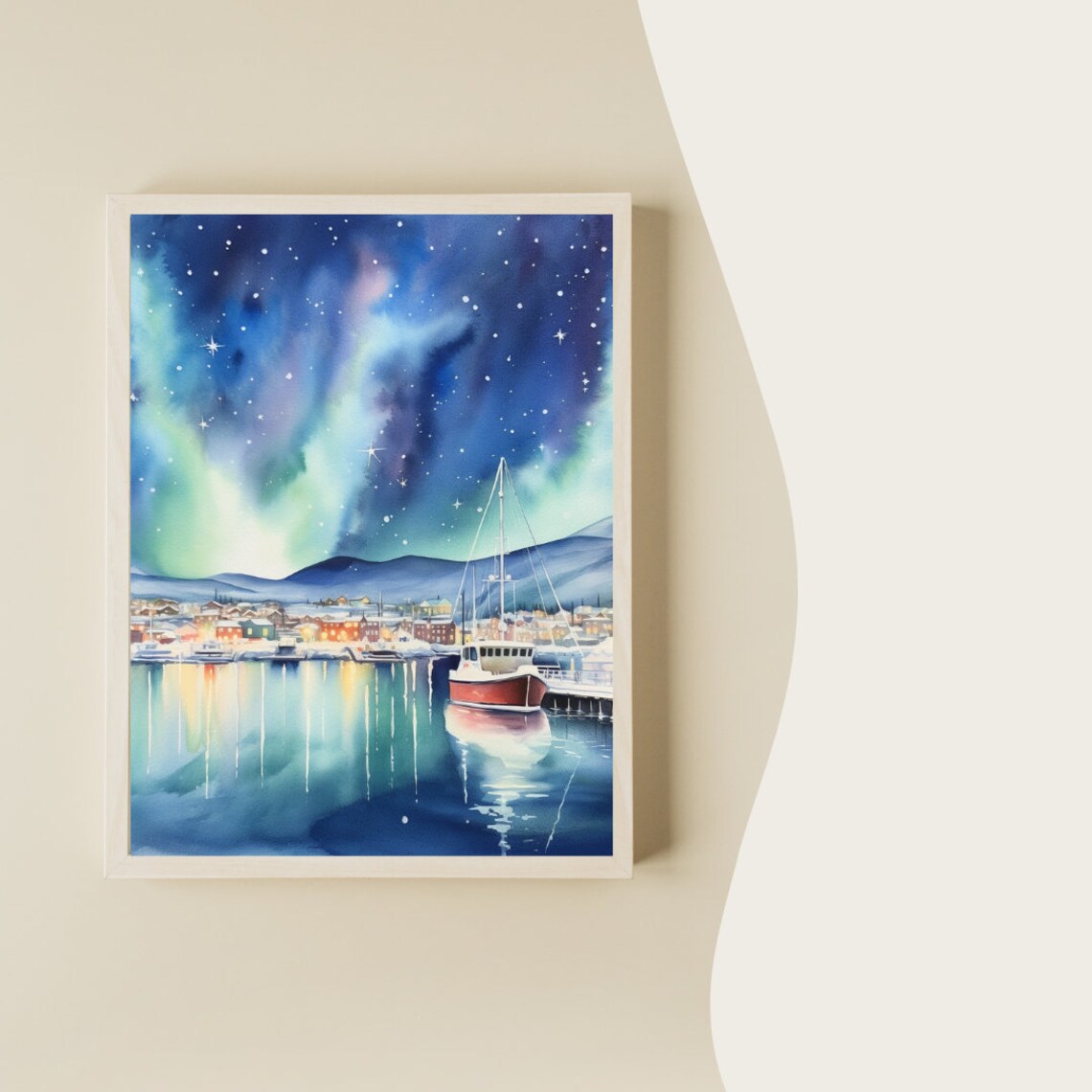 Tromso Northern Lights Watercolor Travel Poster - Image 2