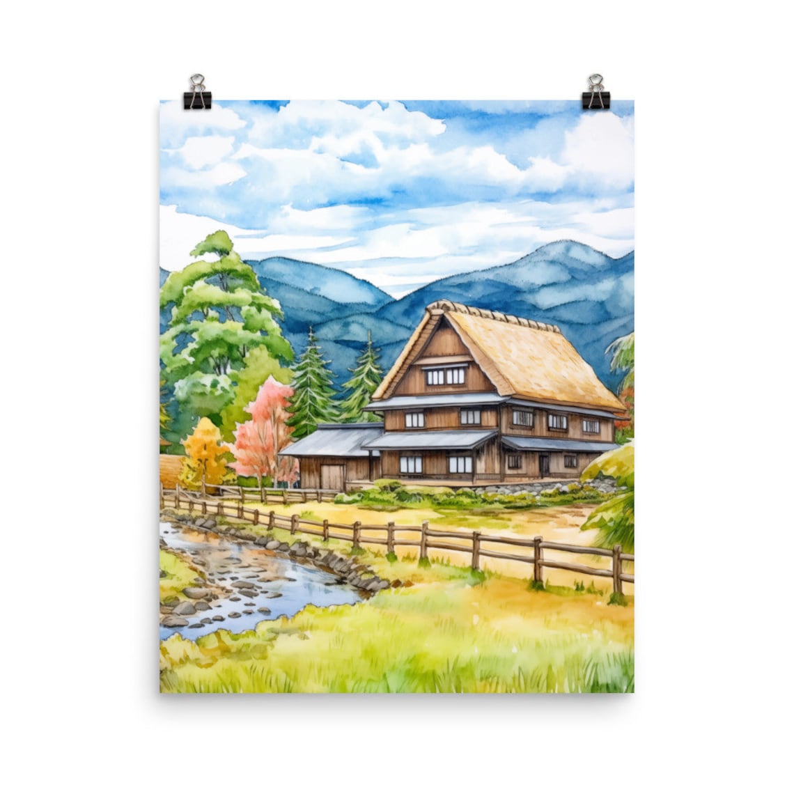 Shirakawa Go Japan Thatched Farmhouse Watercolor Travel Poster