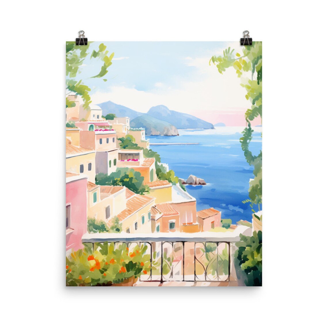 Capri Watercolor Art Print, Amalfi Coast Italy