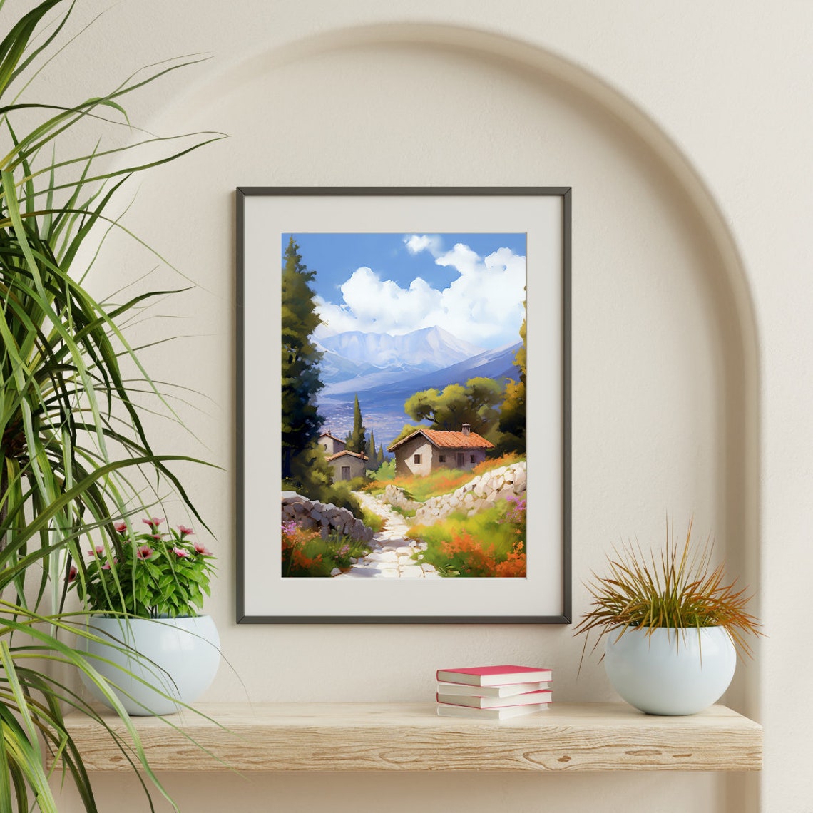 Mount Olympus Foothills Stone Cottages with Wildflowers Poster - Image 3