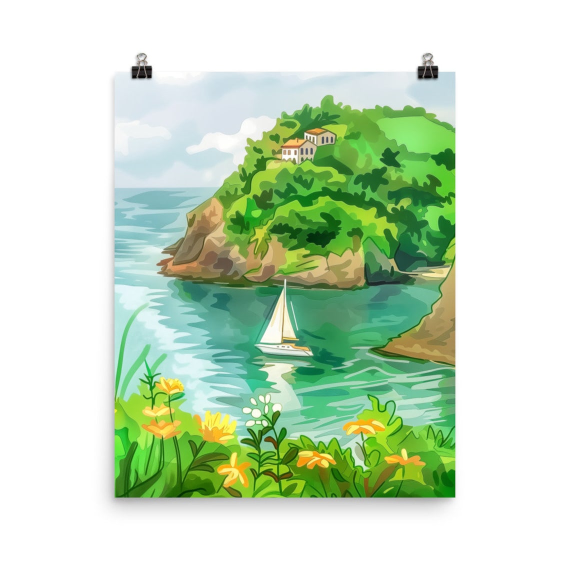 San Sebastian Sailboat Bay Green Headland Flowers Watercolor Poster