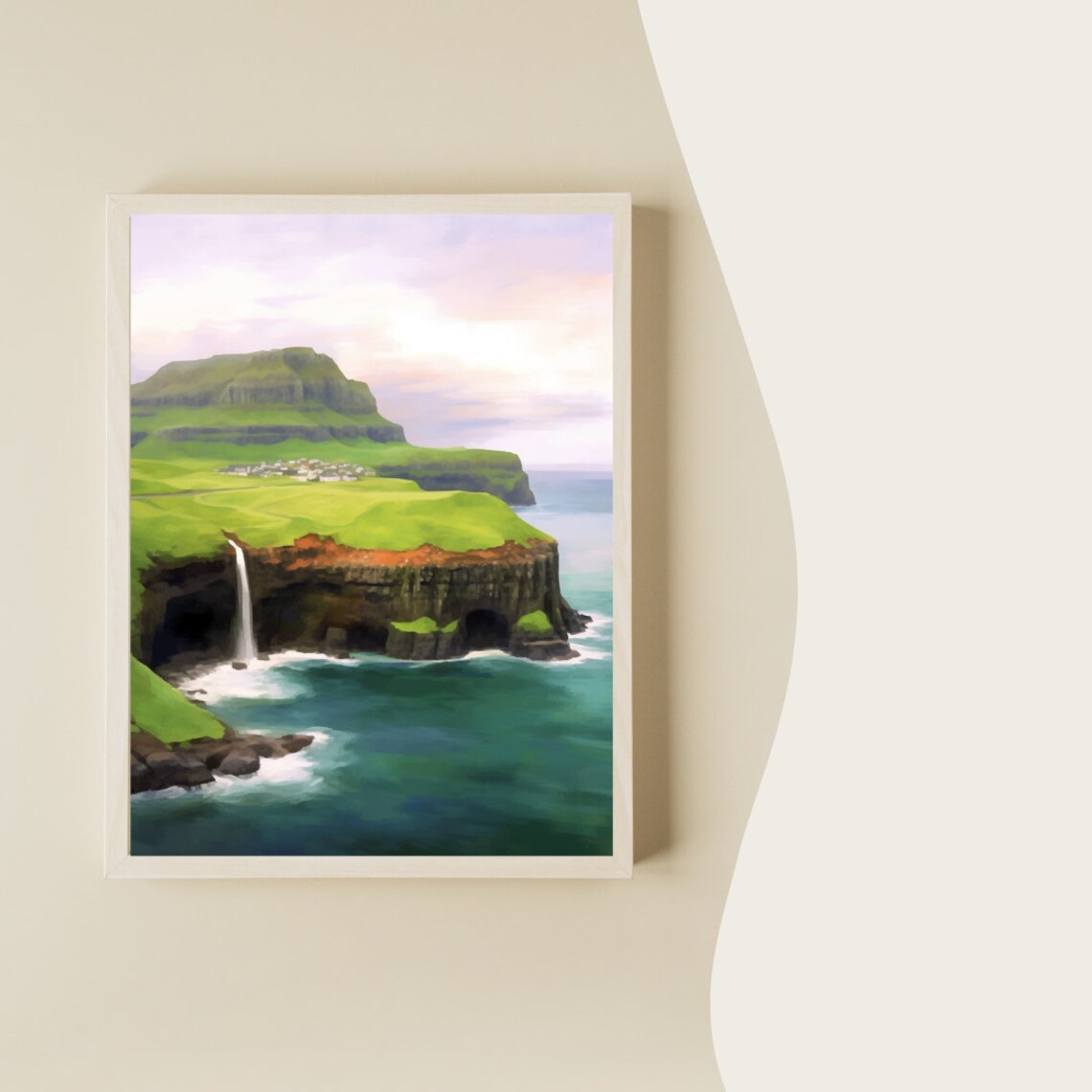 Gasadalur Watercolor Print, Faroe Islands Landscape - Image 2