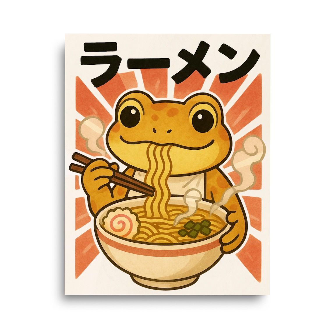Cute Japanese Ramen Frog Poster With Kawaii Cartoon Eating Noodles