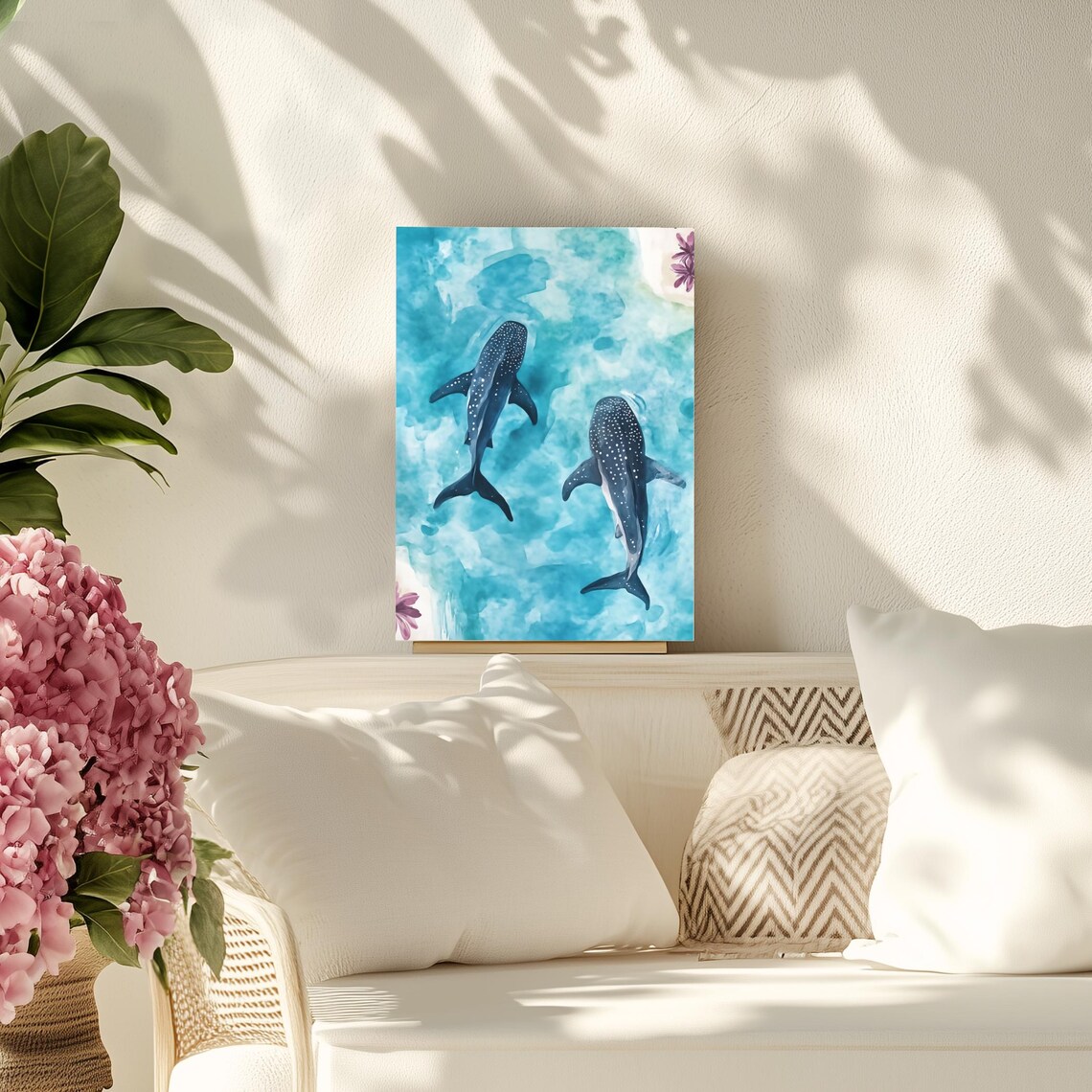 Two Whale Sharks Watercolor Pair Ocean Sea Wildlife Art Poster