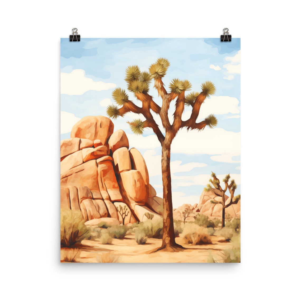 Joshua Tree Beside Granite Rock Formations Desert Morning Poster