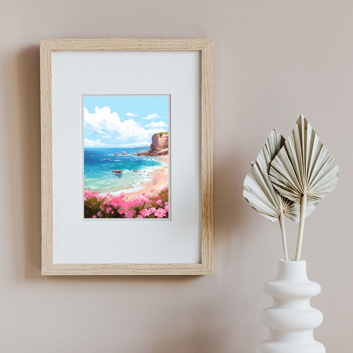 Elafonissi Beach Turquoise Bay with Pink Wildflowers Art Poster - Image 2