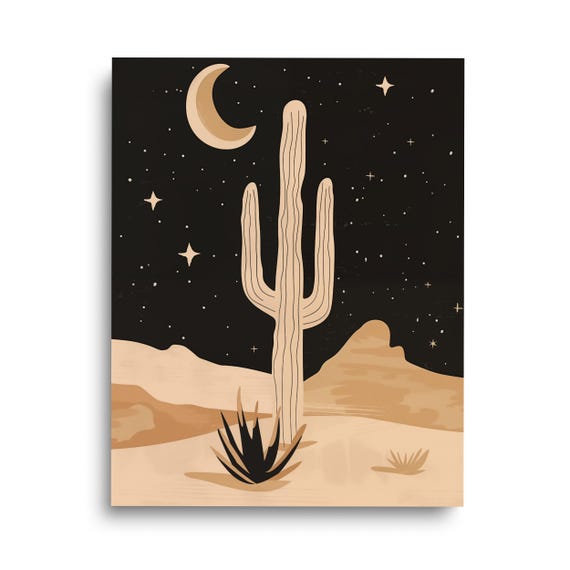Golden Desert Watercolor Print Abstract Landscape Art Saguaro Cactus Boho Crescent Moon Southwestern Minimalist