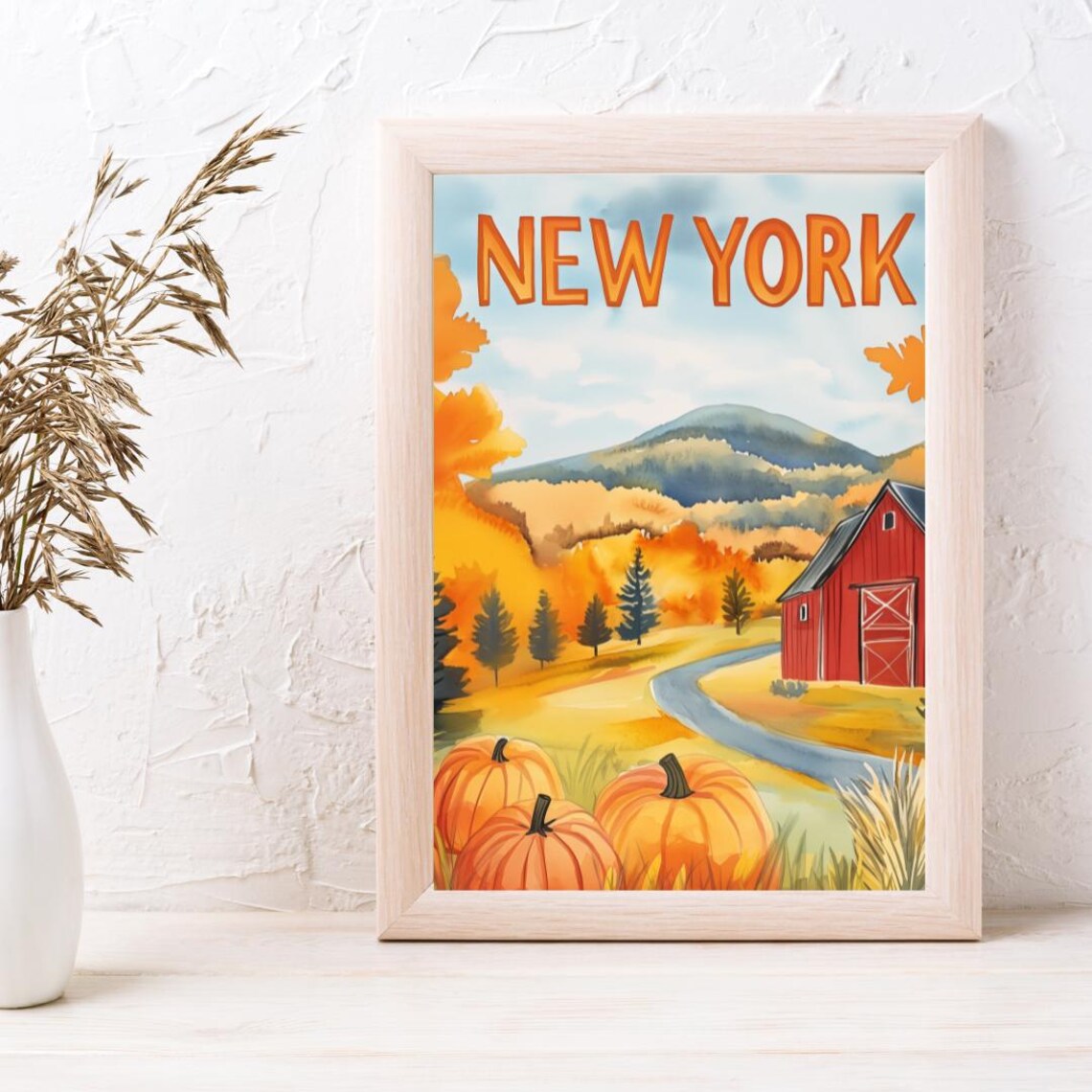 New York Autumn Countryside With Red Barn Pumpkins Travel Poster - Image 3
