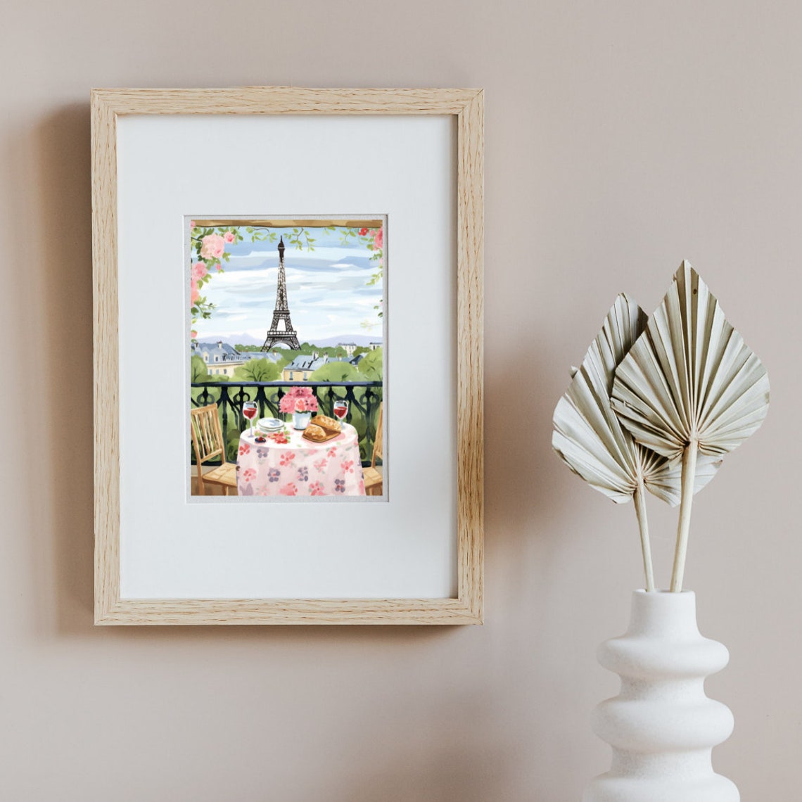 Paris Balcony Table with Wine and Eiffel Tower View Watercolor Poster - Image 3