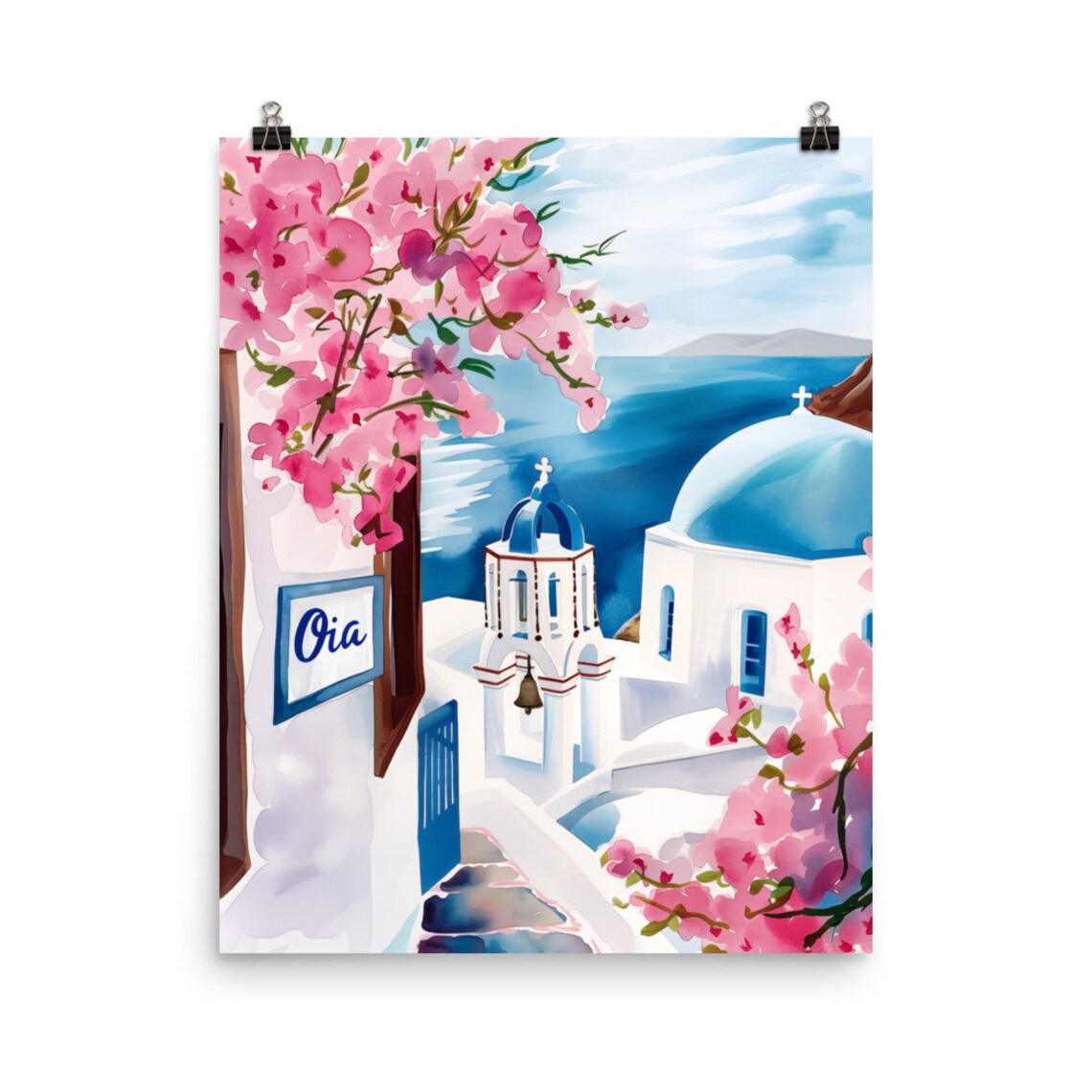 Oia Santorini Blue Domes and Pink Bougainvillea Watercolor Poster