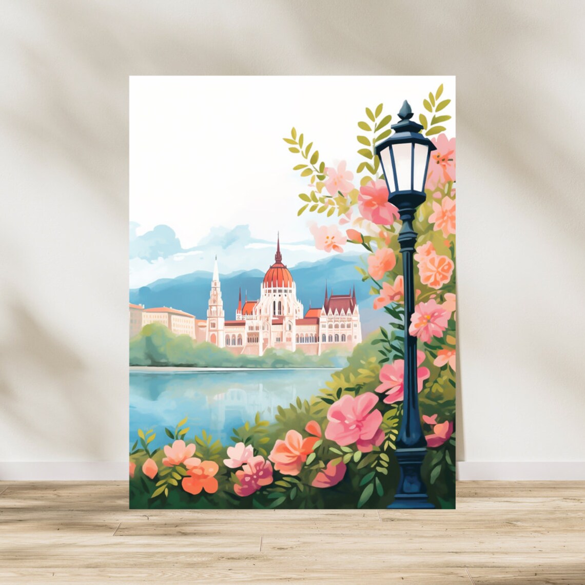 Budapest Parliament Across the Danube in Bloom Watercolor Art Poster - Image 3