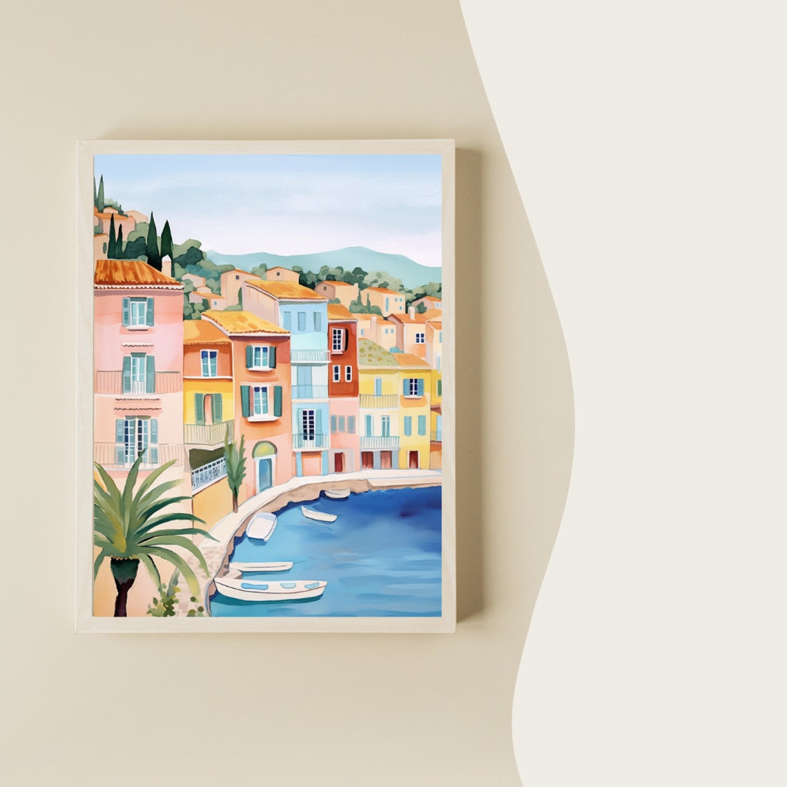 French Riviera Pastel Harbor with Moored Boats Watercolor Poster - Image 2