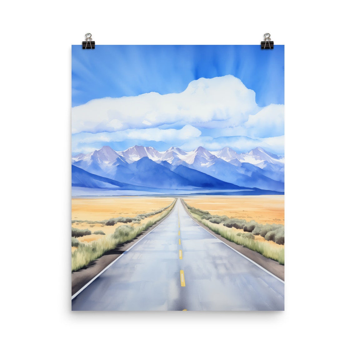 Open Desert Highway Road to Snowcapped Mountains Golden Poster
