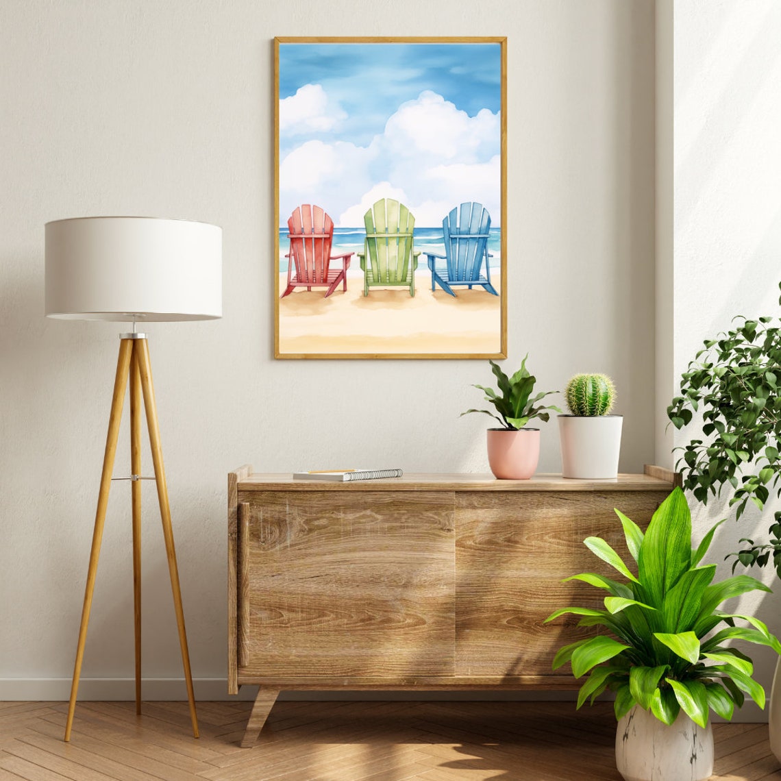 Three Colorful Adirondack Chairs Facing the Ocean Beach Poster - Image 2