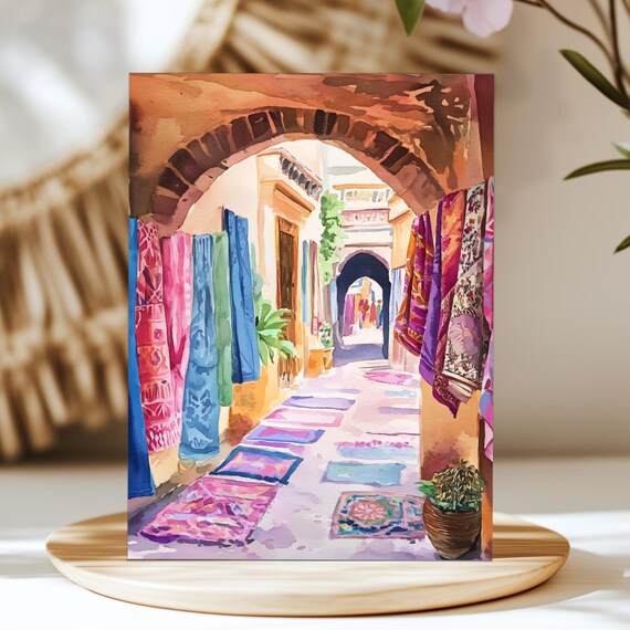 Marrakesh Souk Colorful Bazaar Archway Watercolor Morocco Travel Poster