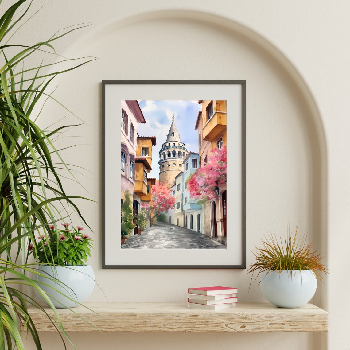 Galata Tower Istanbul Old Street Blossoms Scene Watercolor Poster - Image 2