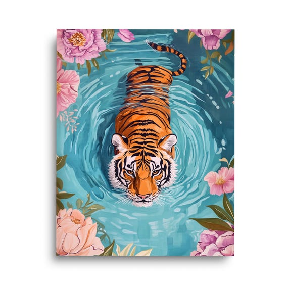 Tiger In A Pool Watercolor Art Print, Nursery Decor