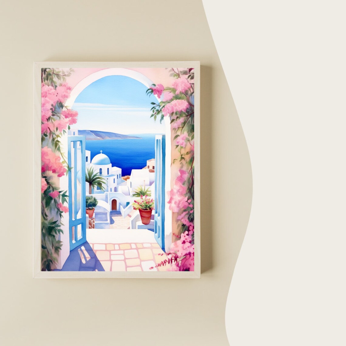 Santorini Watercolor Print, Oia Greece Travel Poster - Image 2