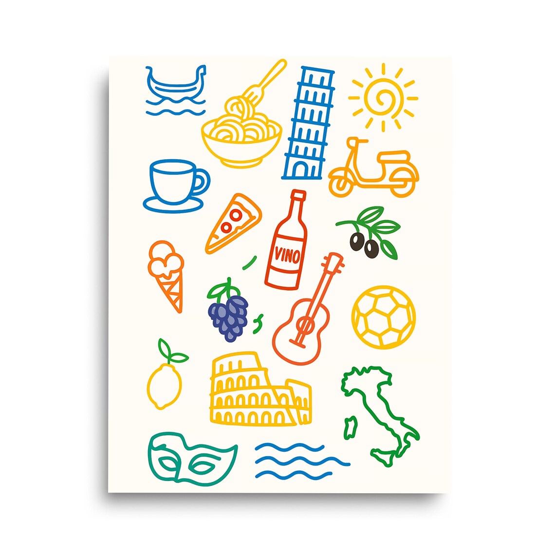 Italy Icon Doodles Pasta Colosseum Colorful Kitchen Wall Poster