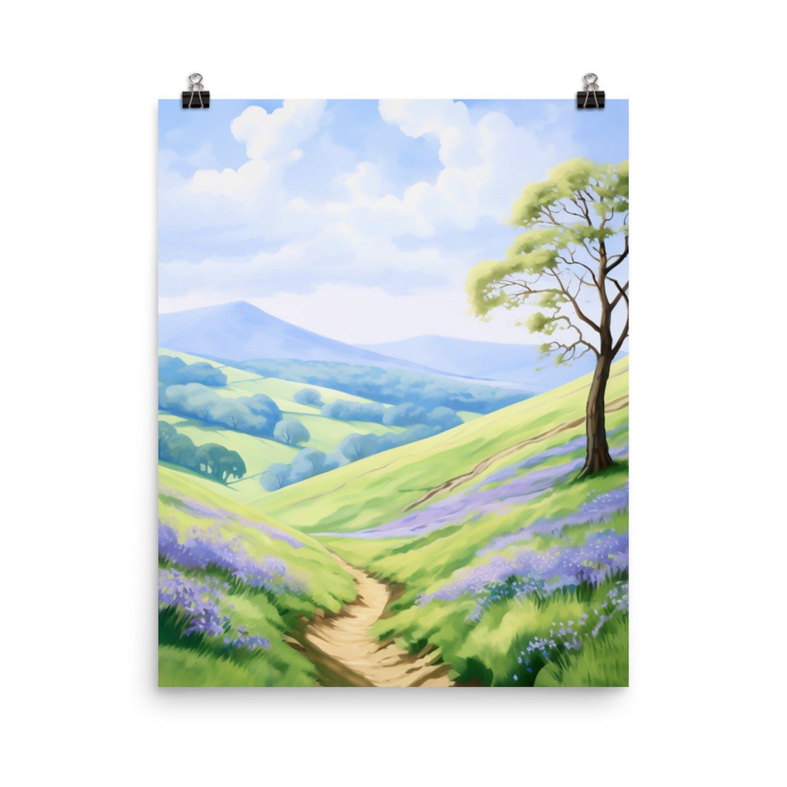 Malvern Hills Rolling Green Valleys Bluebell Watercolor Poster