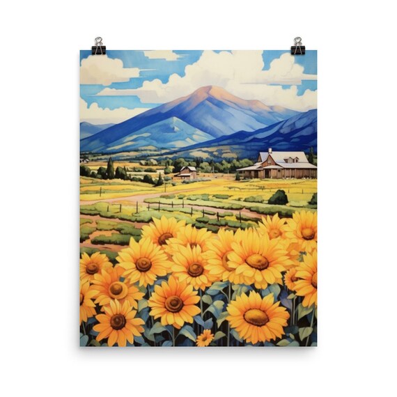 Colorado Springs Sunflower Field Mountain Farmhouse Art Print