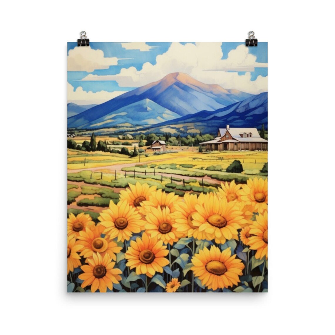 Colorado Springs Sunflower Field Mountain Farmhouse Art Print