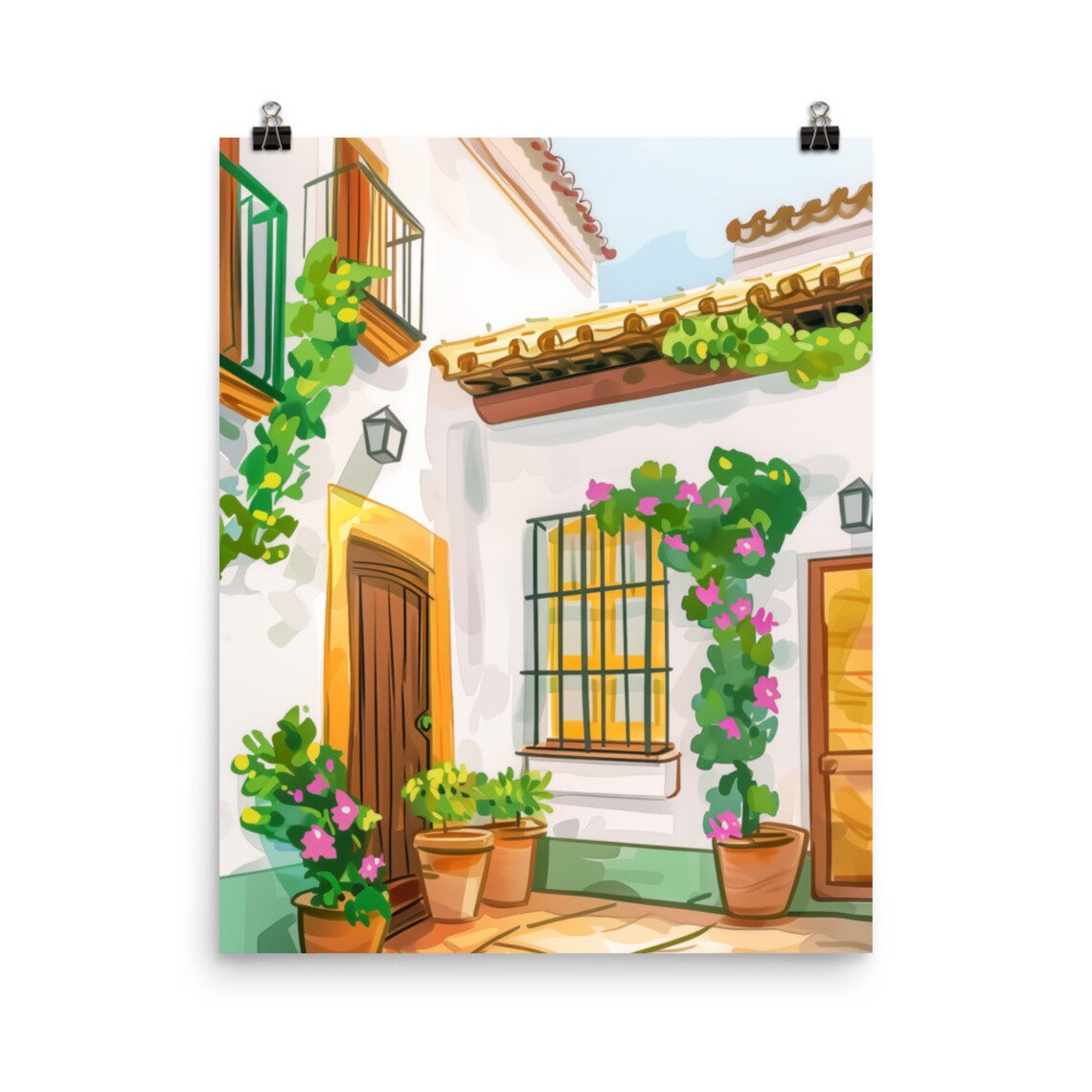 Seville Yellow Door Courtyard Bougainvillea Watercolor Poster
