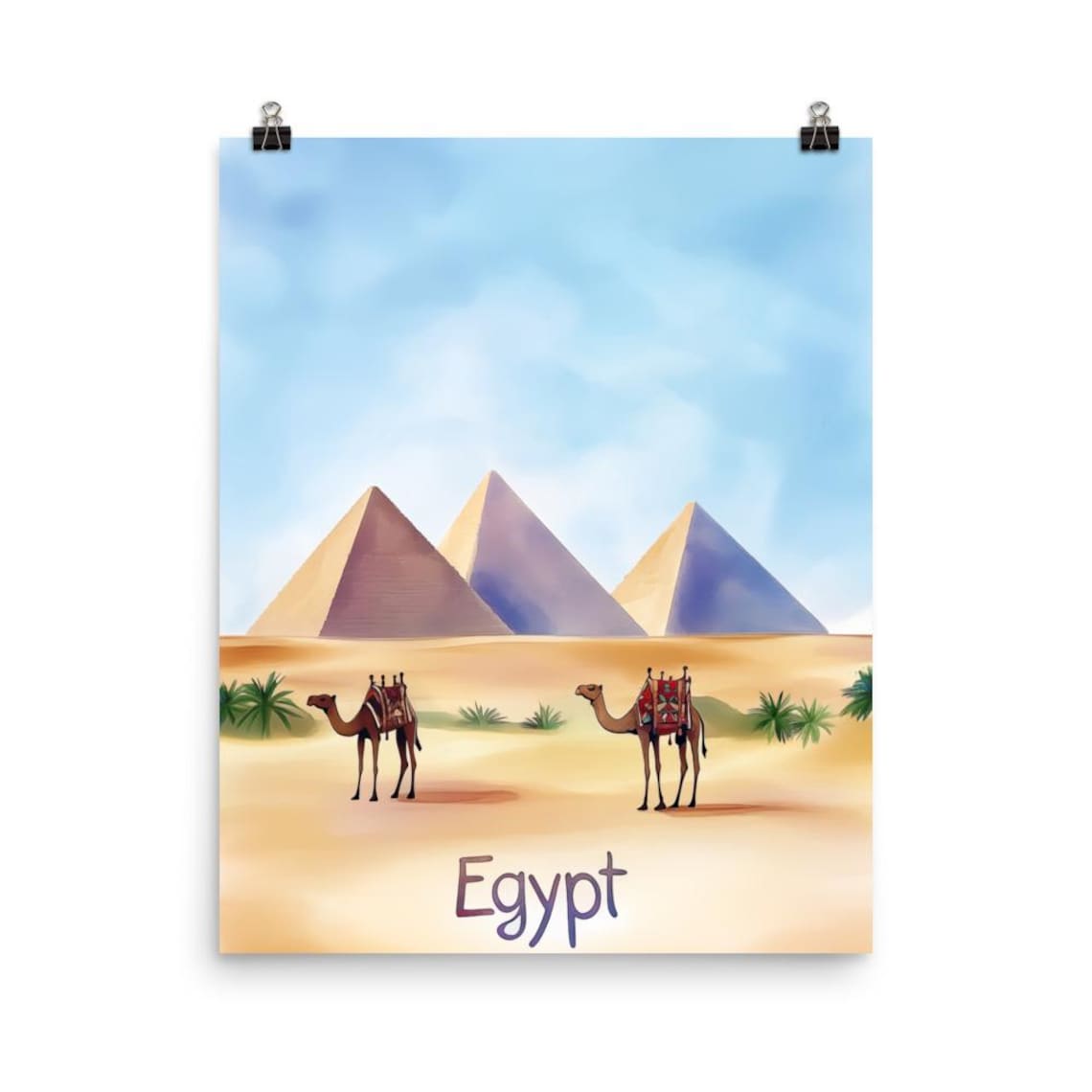 Egypt Giza Pyramids Camels Desert Oasis Watercolor Travel Poster