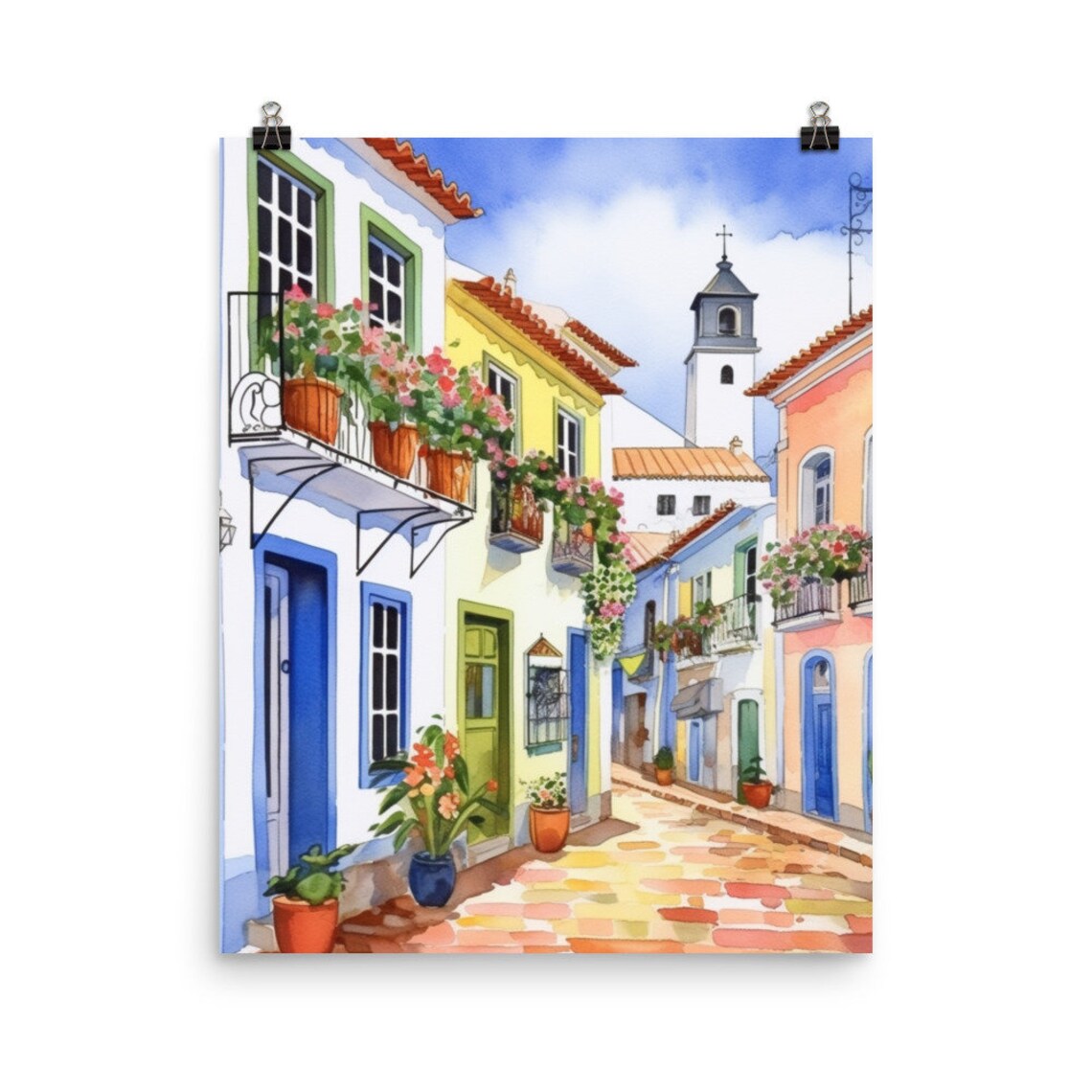 Porto Portugal Colorful Street Flower Balconies Watercolor Poster
