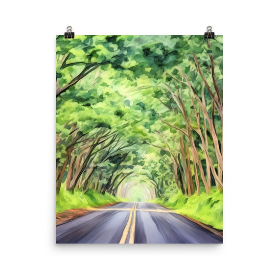 Kauai Watercolor Travel Poster, Trees Landscape
