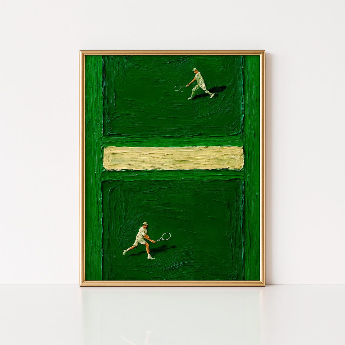 Abstract Green Impasto Tennis Court with Two Players Wall Art