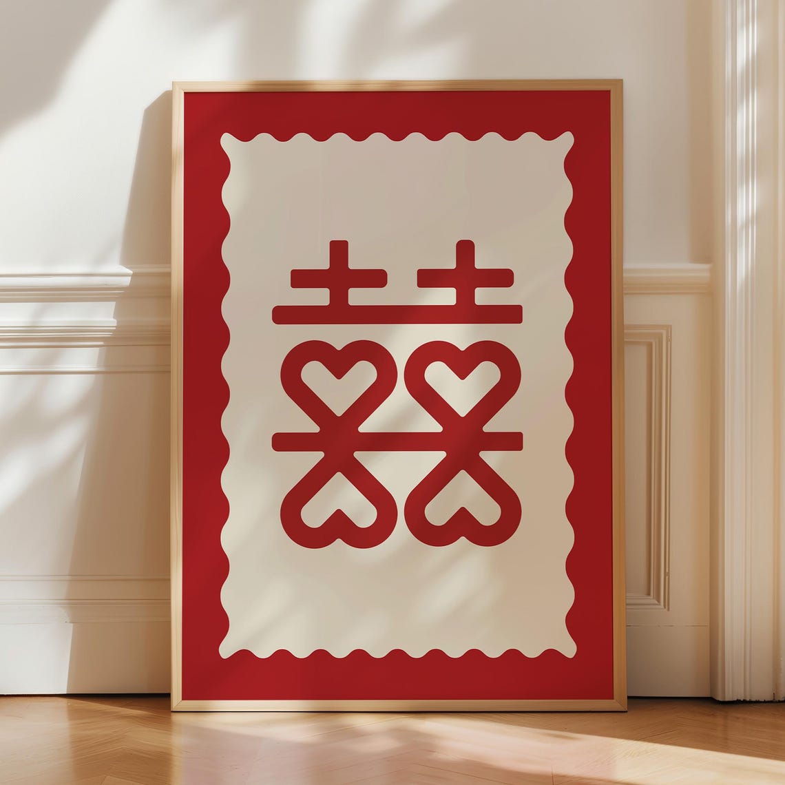 Double Happiness Hearts Red Chinese Wedding Symbol Art Poster