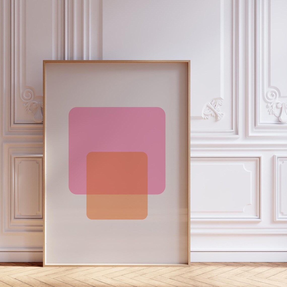 Pink and Coral Overlapping Squares Minimalist Abstract Poster