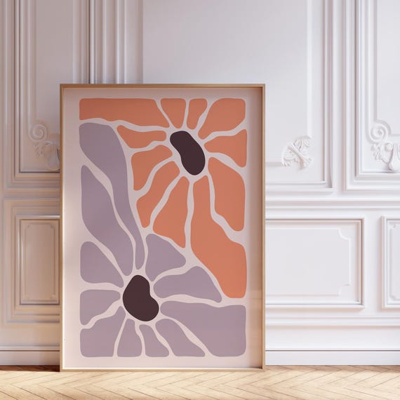 Matisse Inspired Floral Print Orange Lavender Midcentury Modern Art